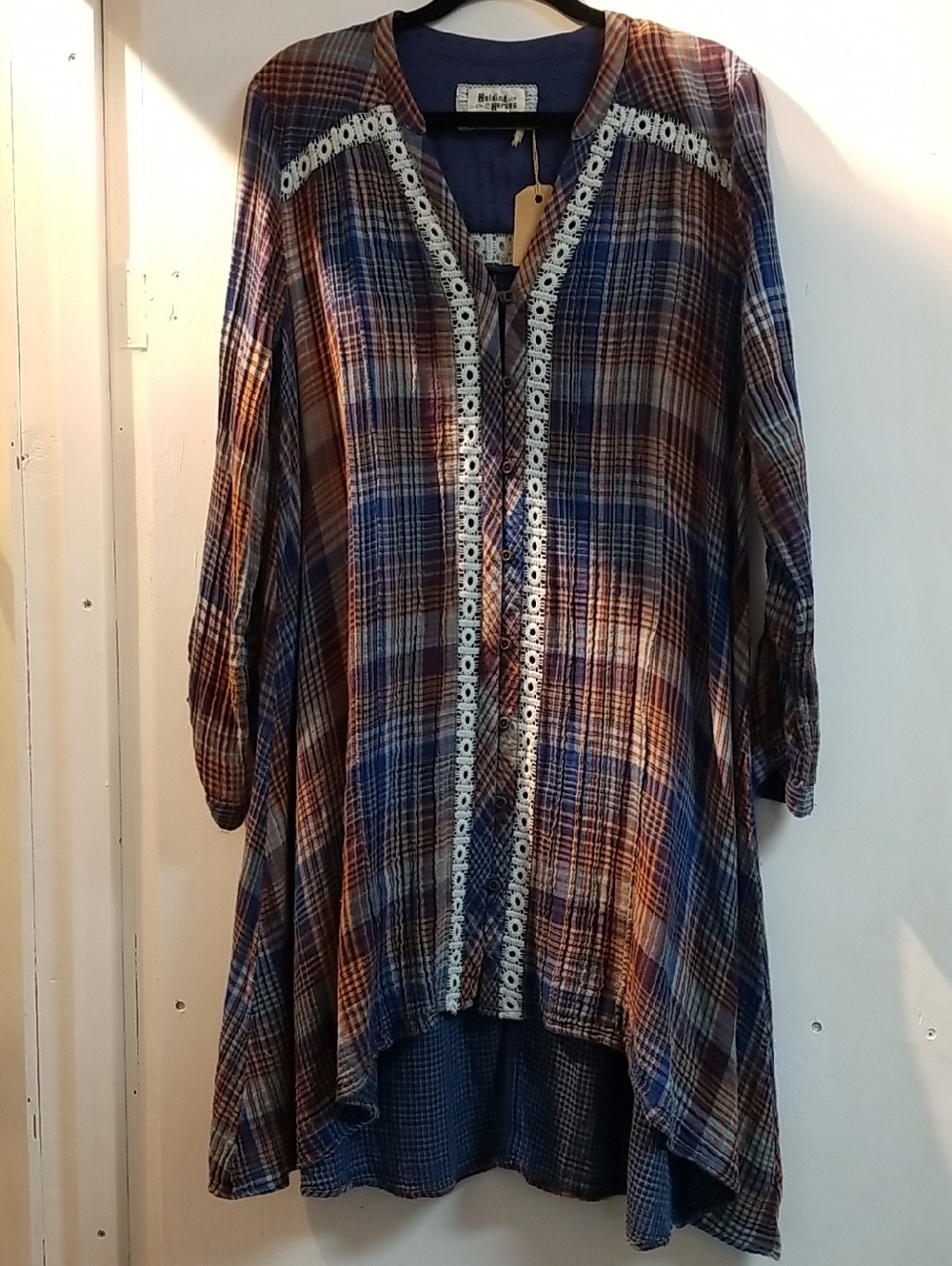 HOLDING HORSES Navy & Brown Plaid Crochet-Trim Top